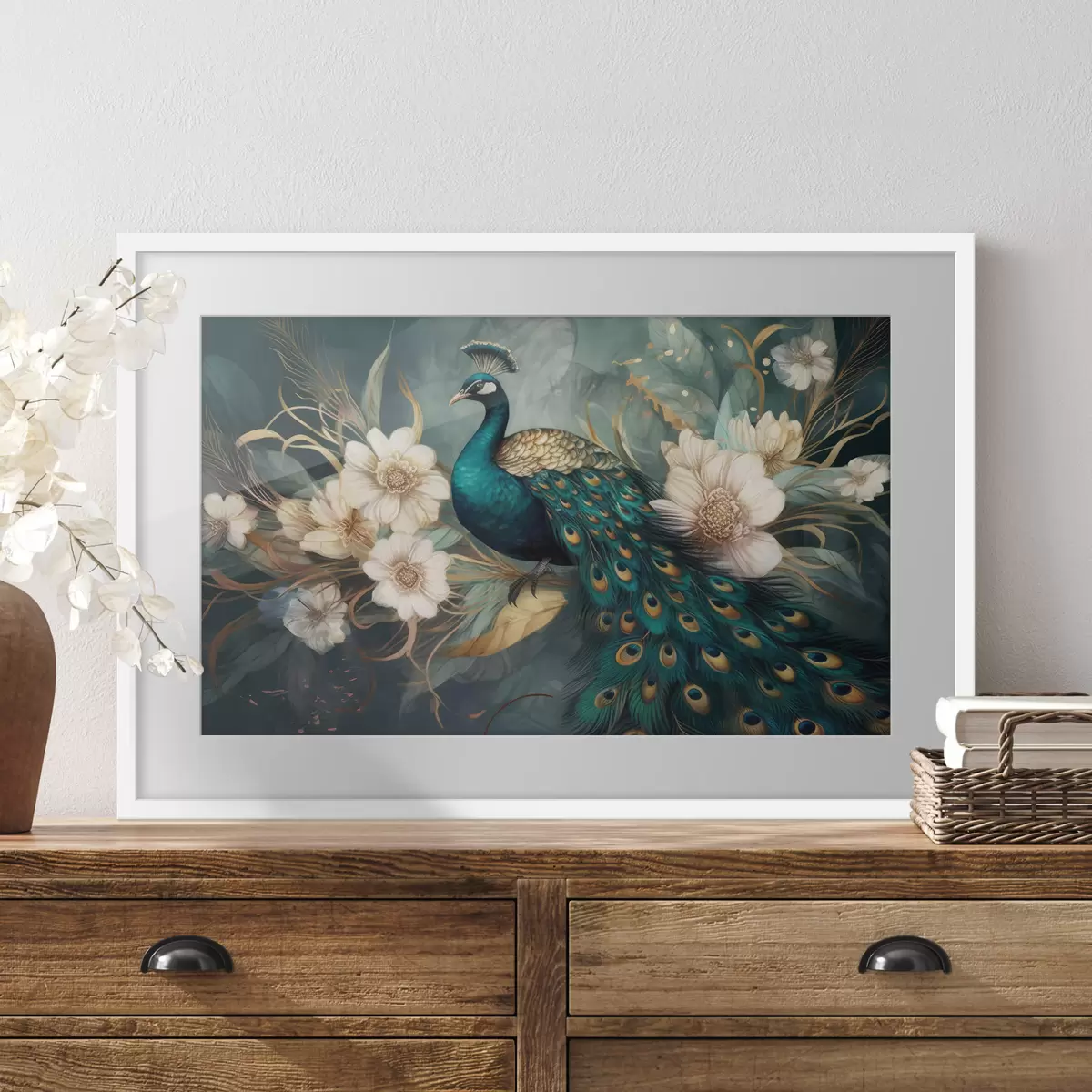 Poster Pfau in Blumen auf dunklem Hintergrund f34866