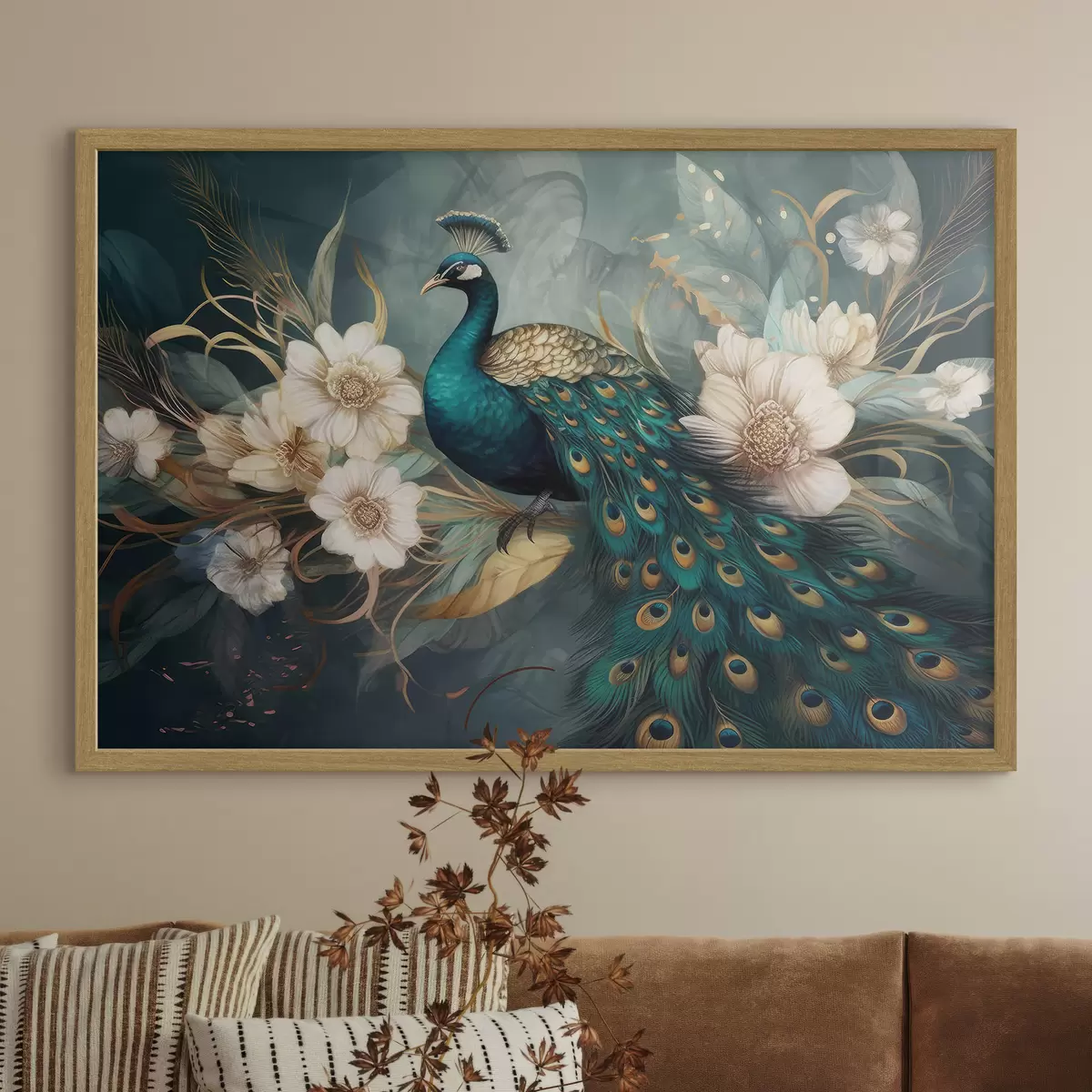 Poster Pfau in Blumen auf dunklem Hintergrund f34866