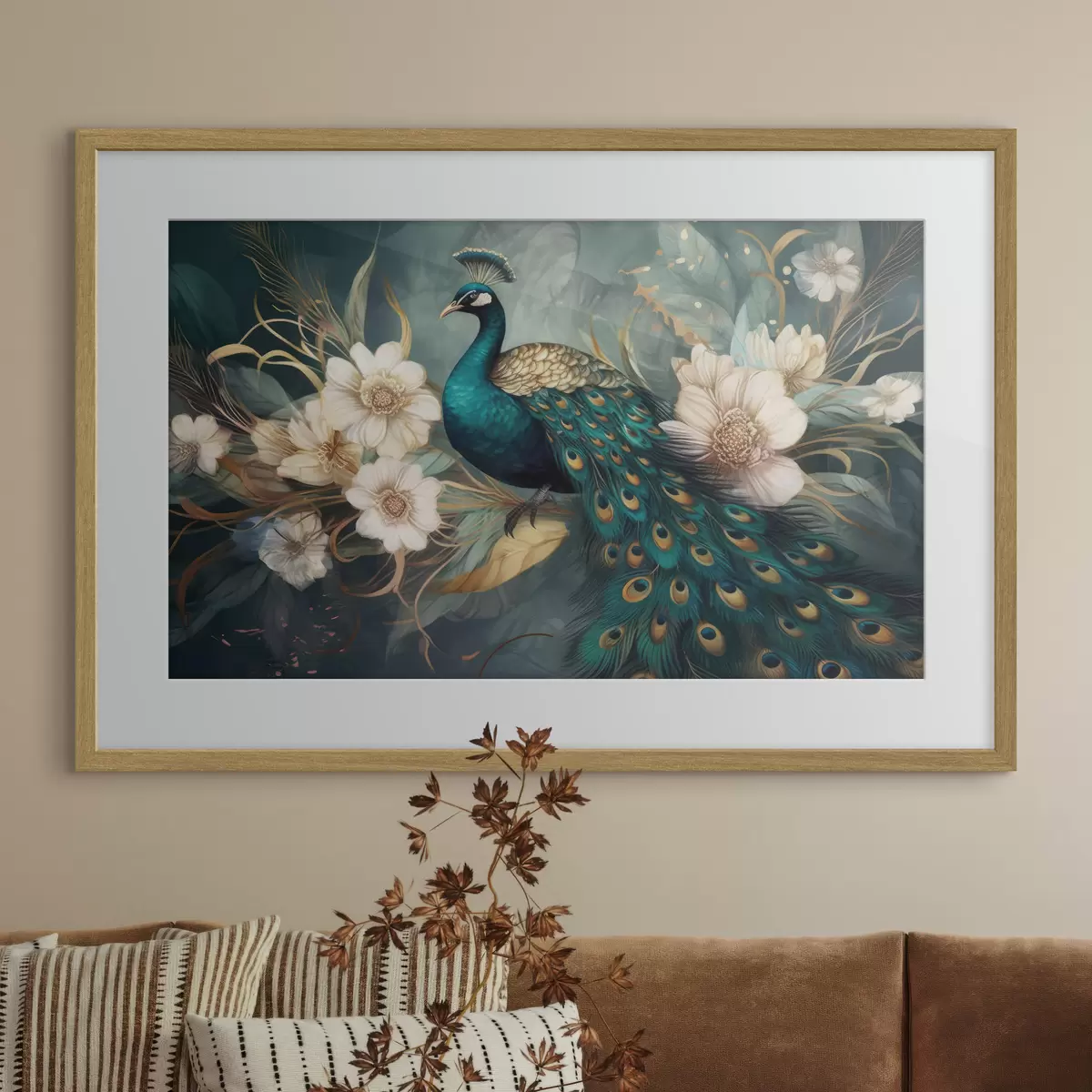 Poster Pfau in Blumen auf dunklem Hintergrund f34866