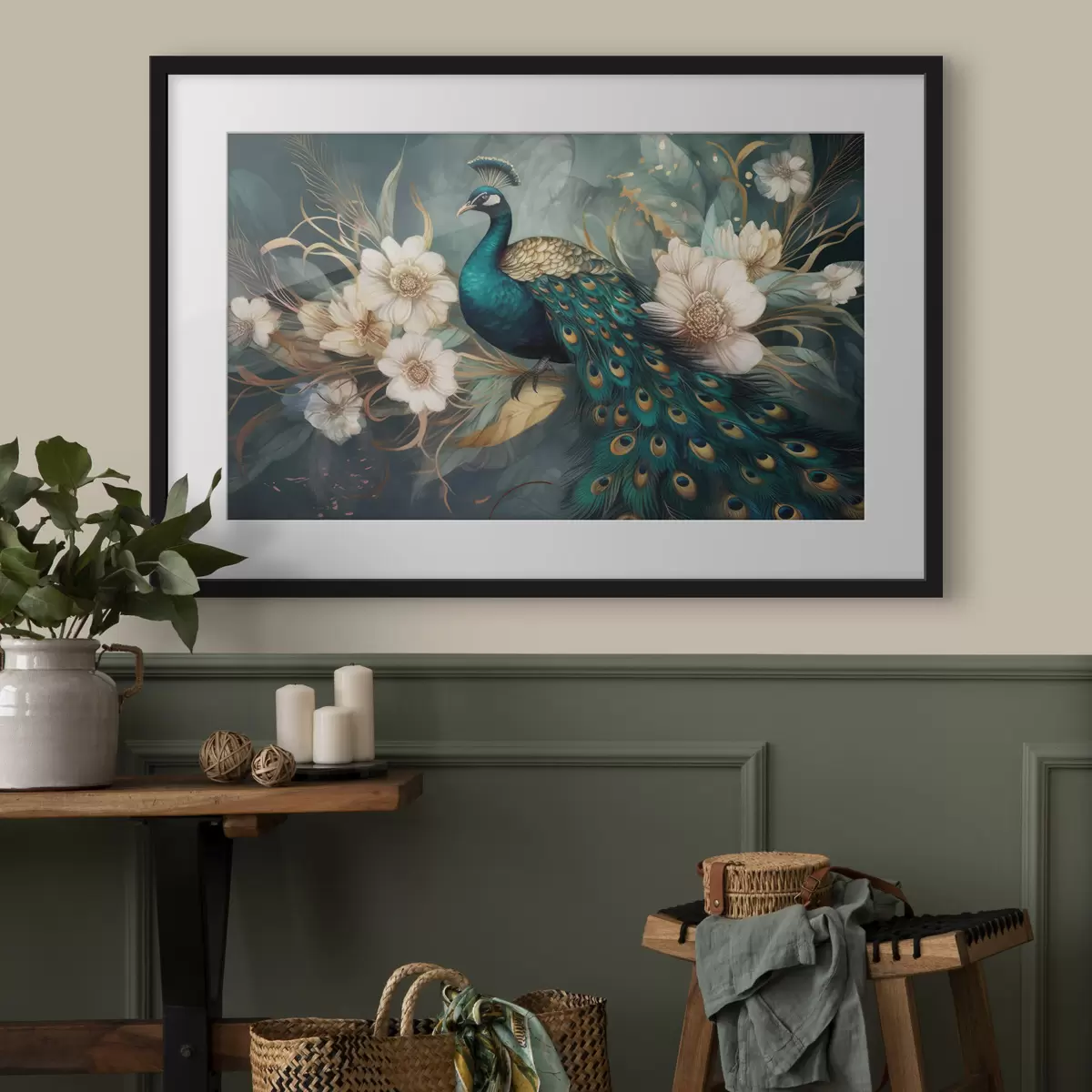Poster Pfau in Blumen auf dunklem Hintergrund f34866