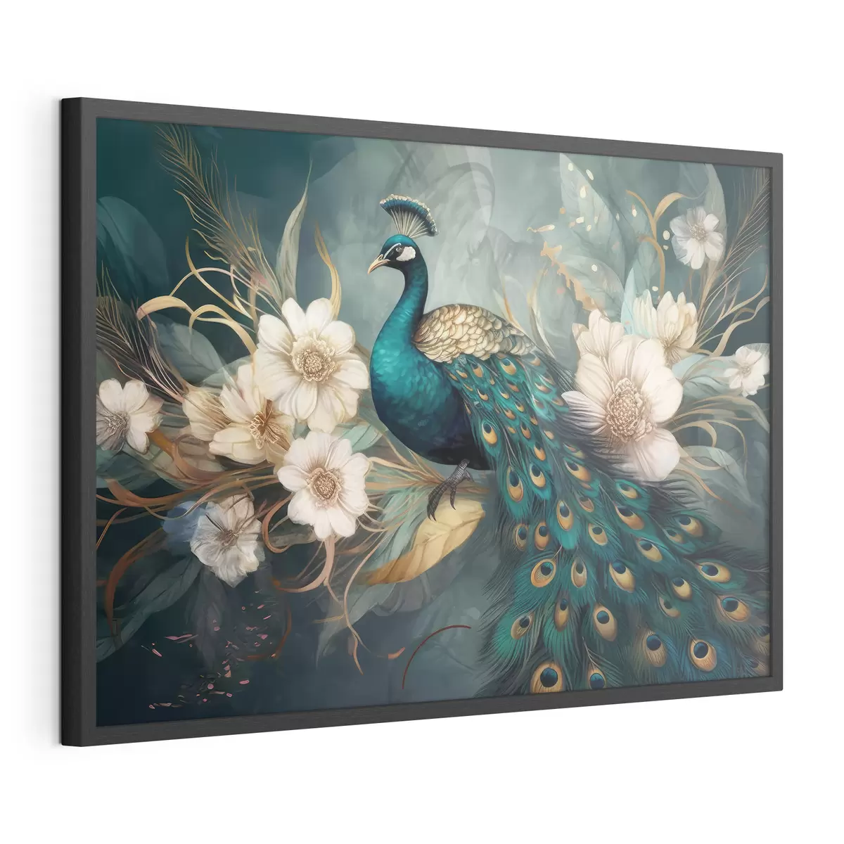 Poster Pfau in Blumen auf dunklem Hintergrund f34866