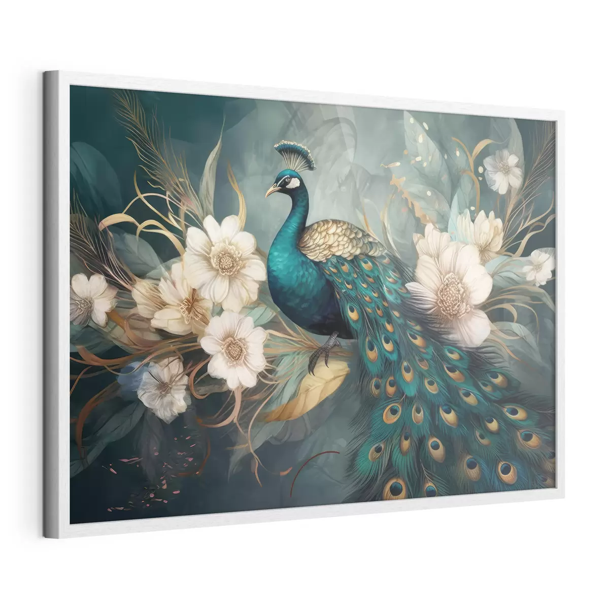 Poster Pfau in Blumen auf dunklem Hintergrund f34866