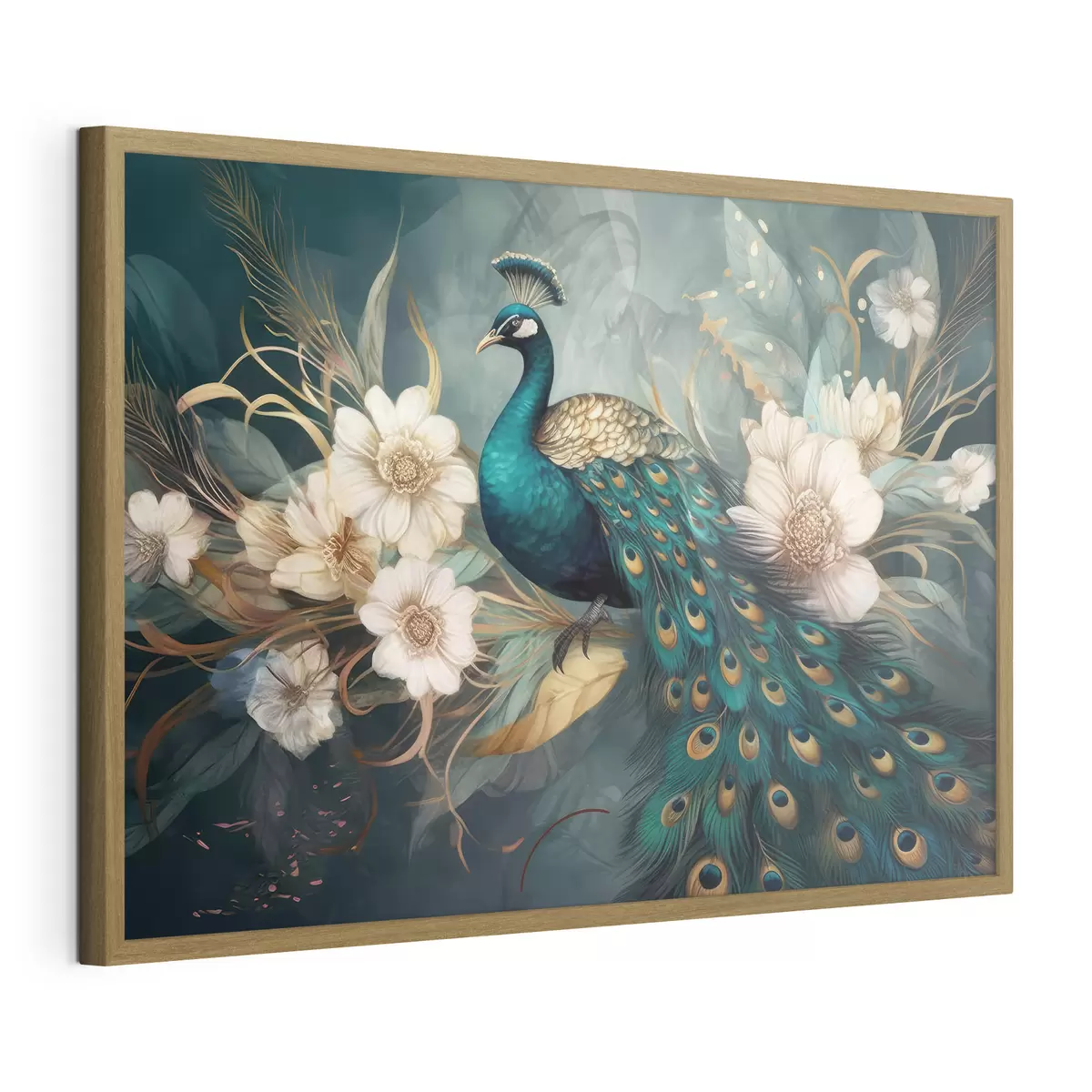 Poster Pfau in Blumen auf dunklem Hintergrund f34866