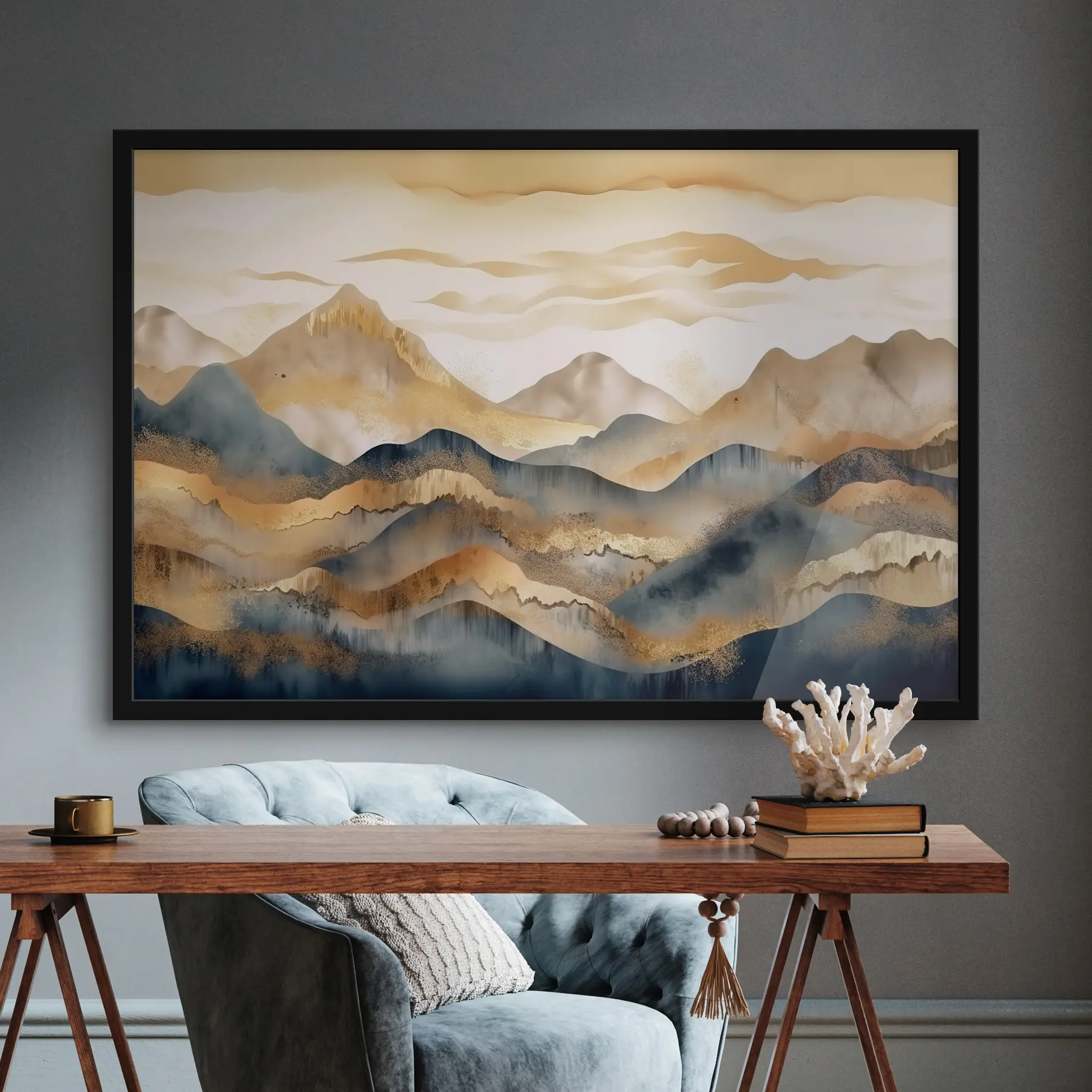 Fototapete Ein abstrakter Hintergrund von Bergen in Beige und Grau mit goldenen Elementen auf weißem Hintergrund. f34462