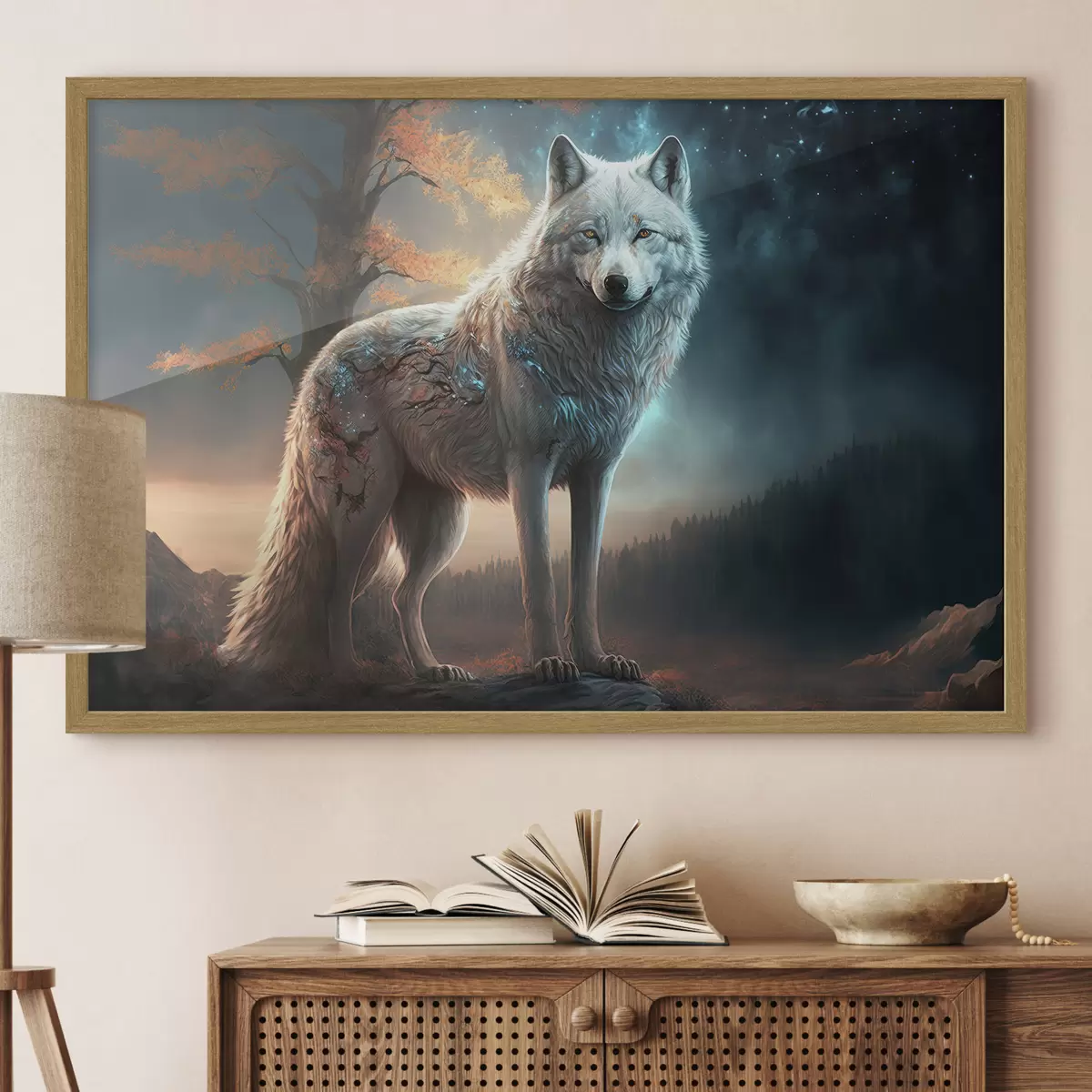 Poster Ein weißer Wolf in einem märchenhaft schönen Wald f33528
