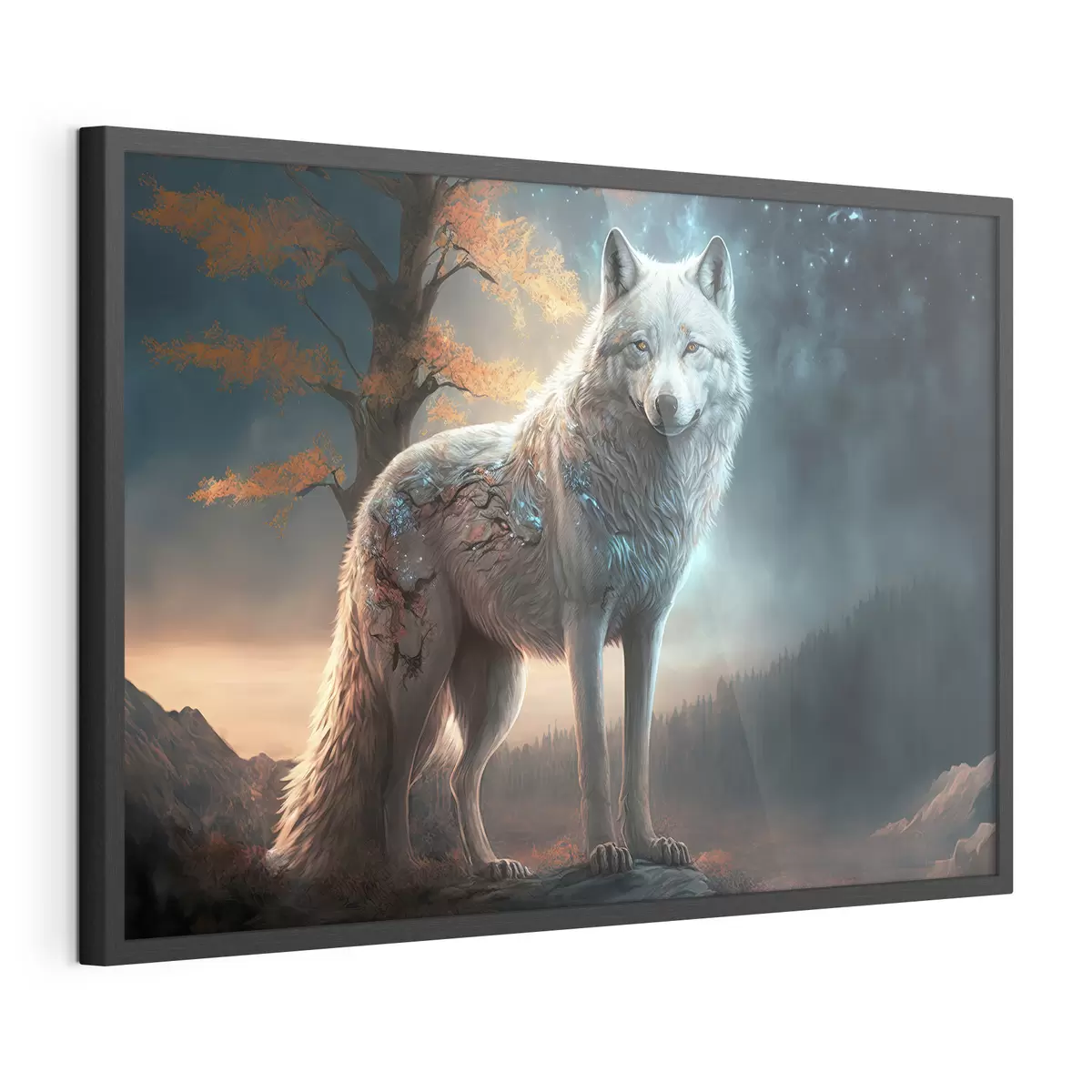 Poster Ein weißer Wolf in einem märchenhaft schönen Wald f33528