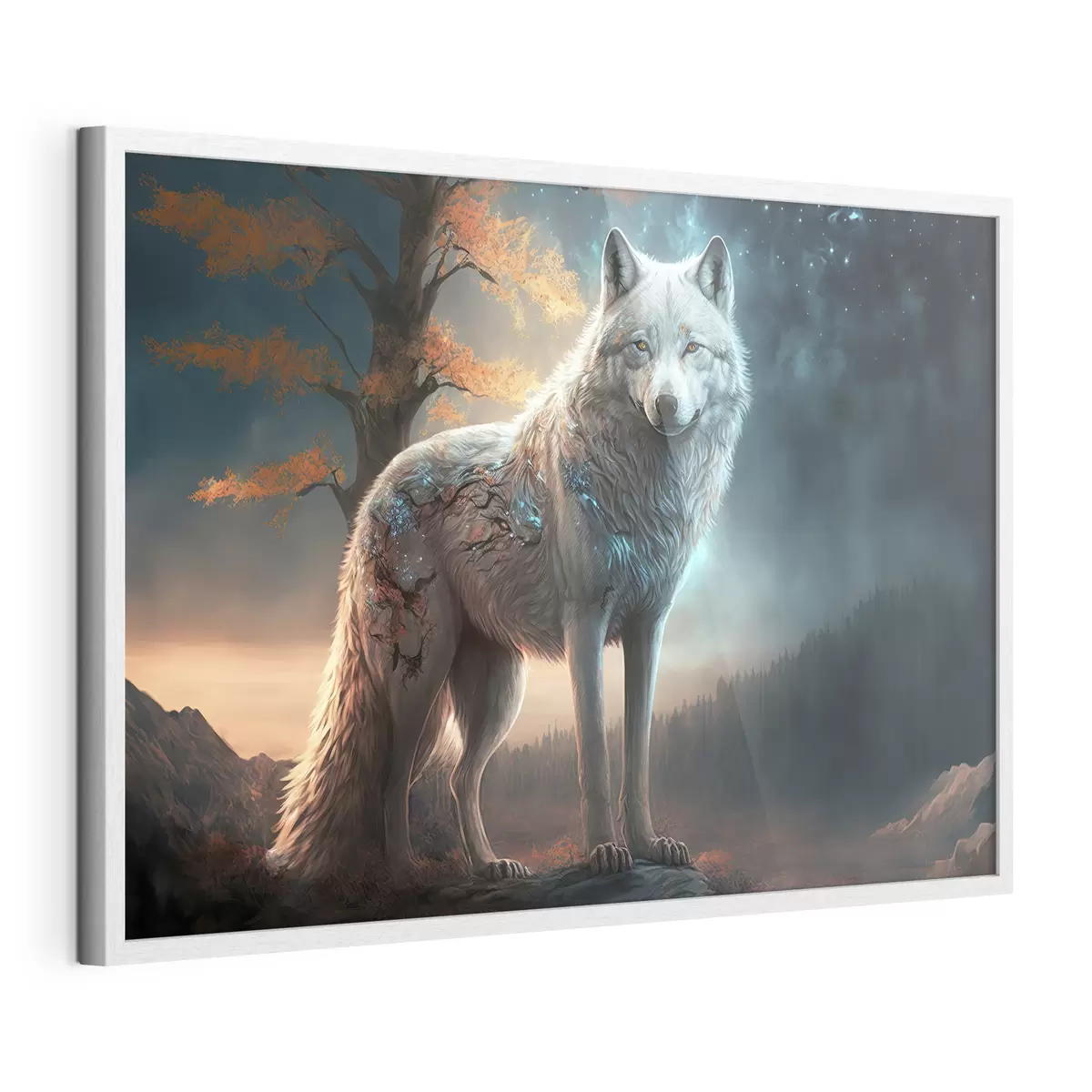 Poster Ein weißer Wolf in einem märchenhaft schönen Wald f33528