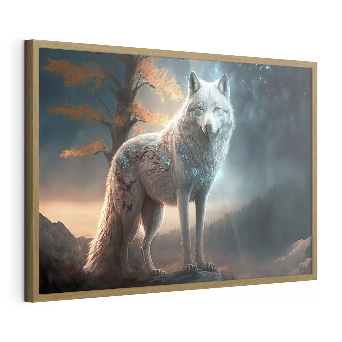 Poster Ein weißer Wolf in einem märchenhaft schönen Wald f33528