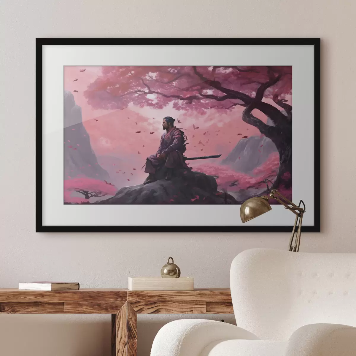 Poster Bemalter Samurai unter einem Kirschblütenbaum f33526