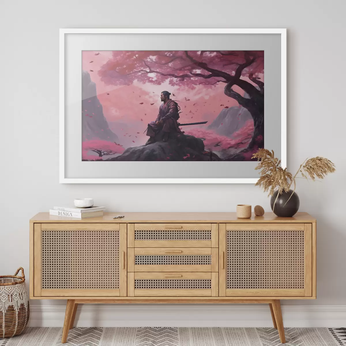 Poster Bemalter Samurai unter einem Kirschblütenbaum f33526
