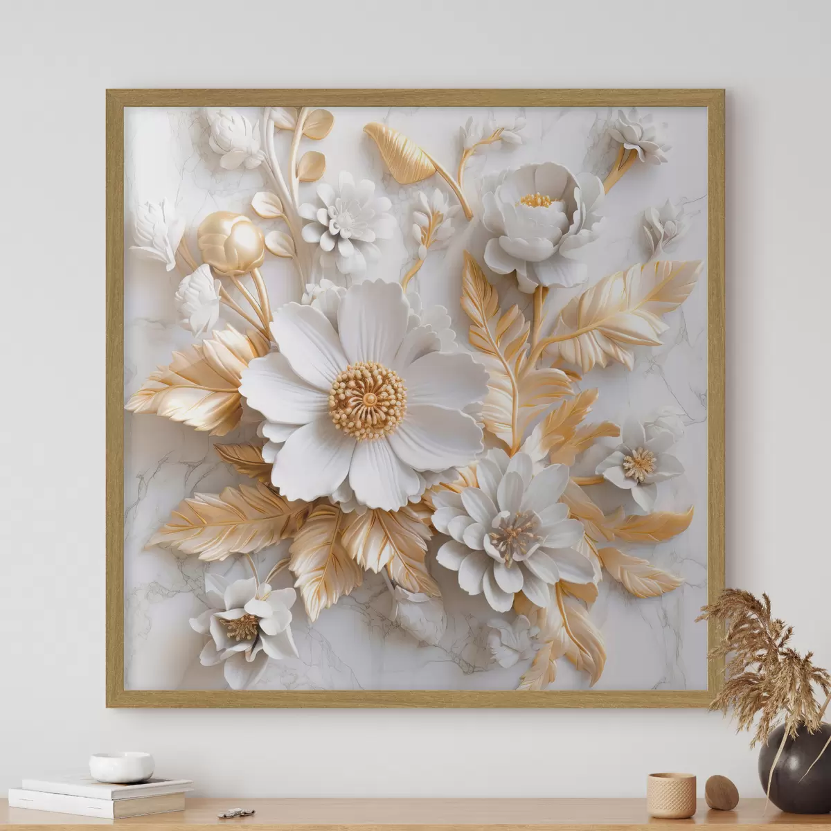 Poster 3D-Blumen auf weißem Marmor f32778