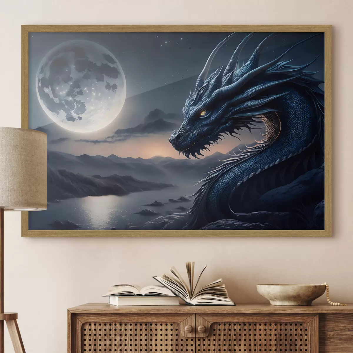 Poster Drache mit Blick auf den Vollmond f32612