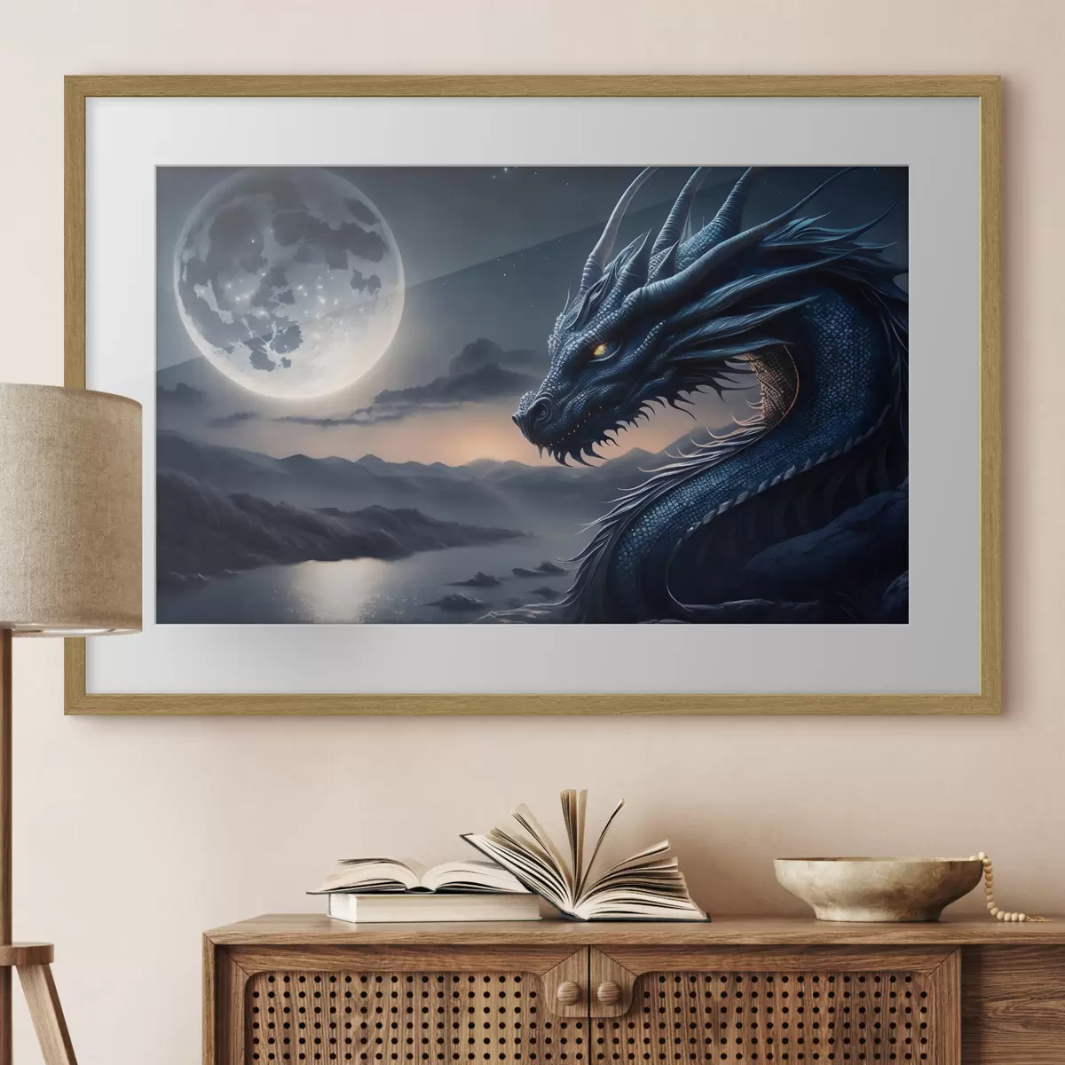 Poster Drache mit Blick auf den Vollmond f32612