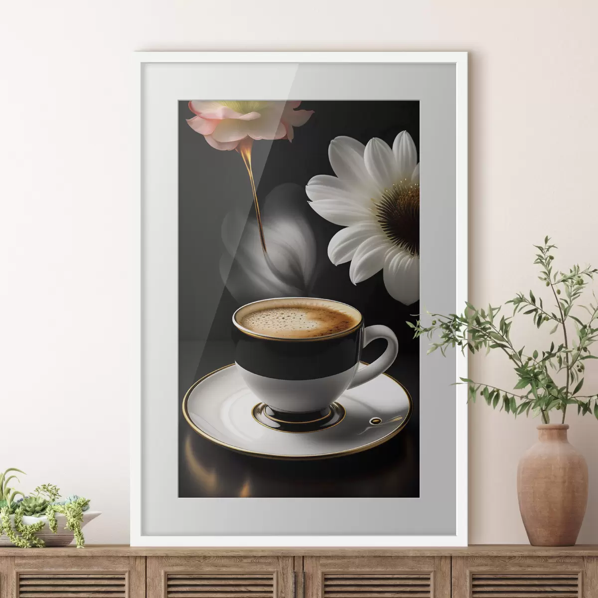 Poster Eine Tasse Kaffee mit Blumen f32167