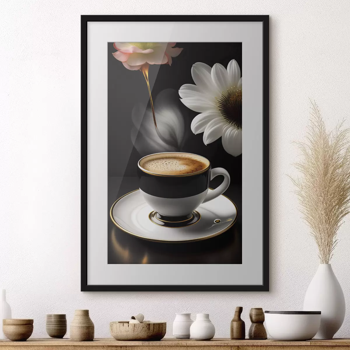 Poster Eine Tasse Kaffee mit Blumen f32167