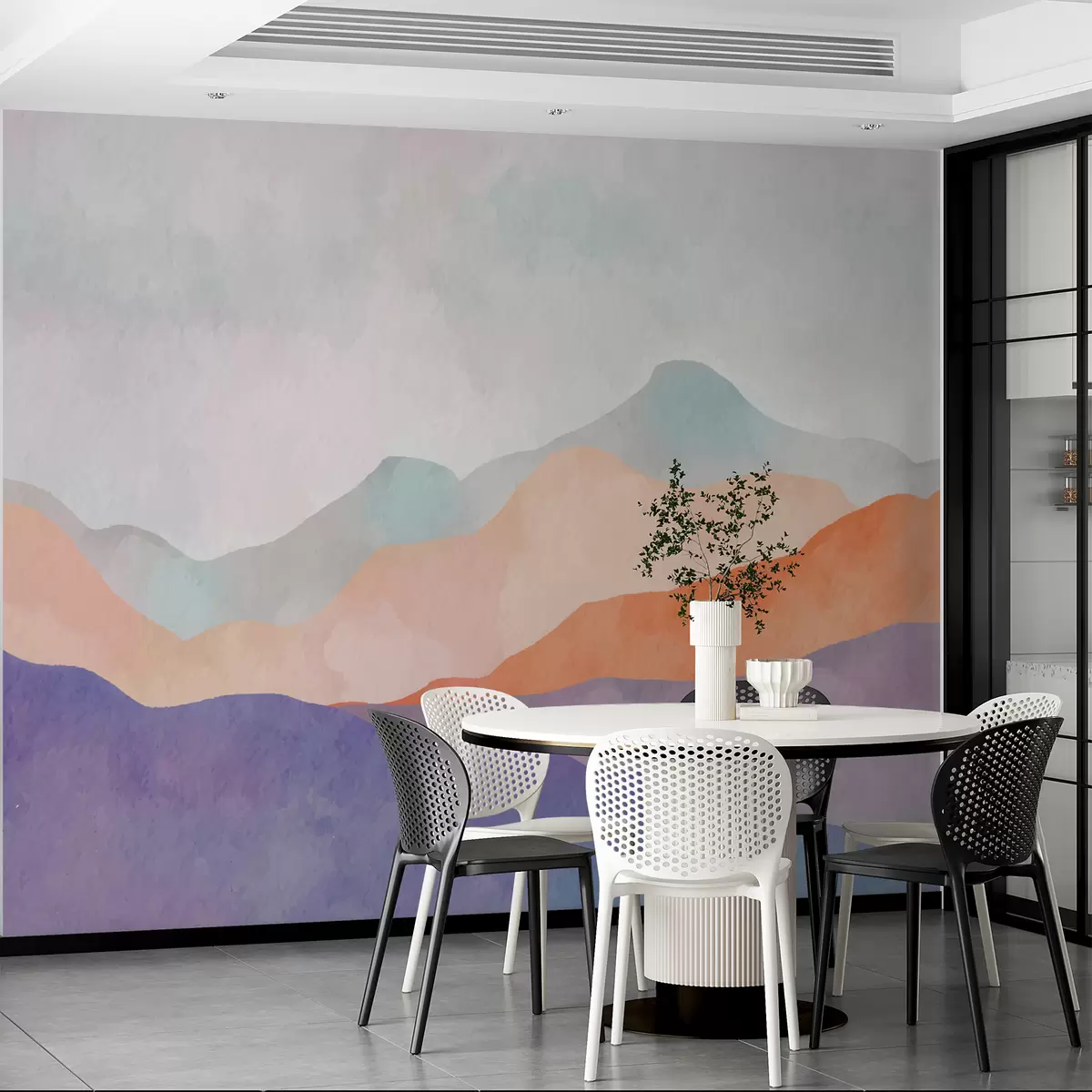 Fototapete Berge Landschaft, abstrakte Zeichnung, Boho-Stil, orange, Pupille, blau u98991