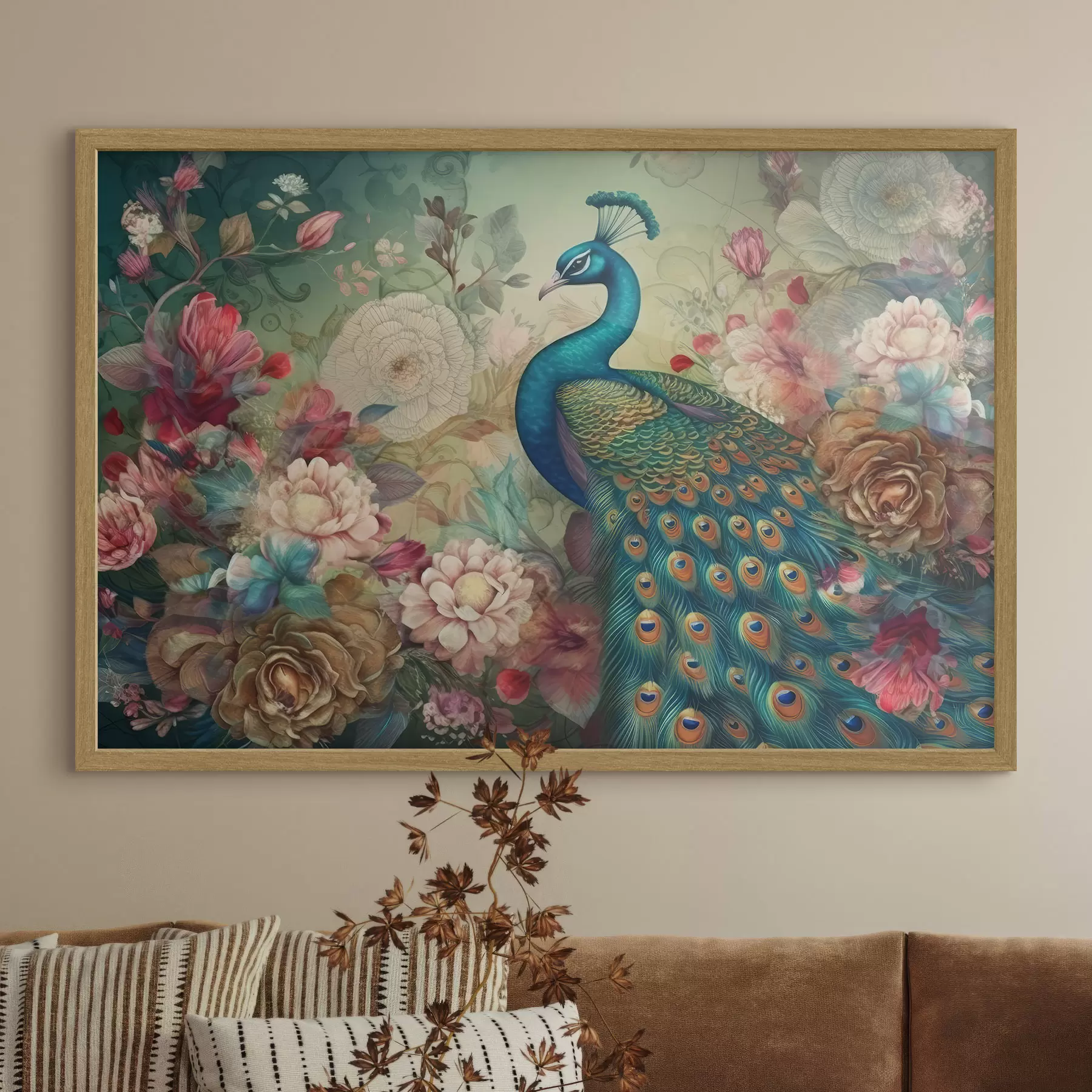 Fototapete Pfau in Blumen im Vintage-Stil f34869