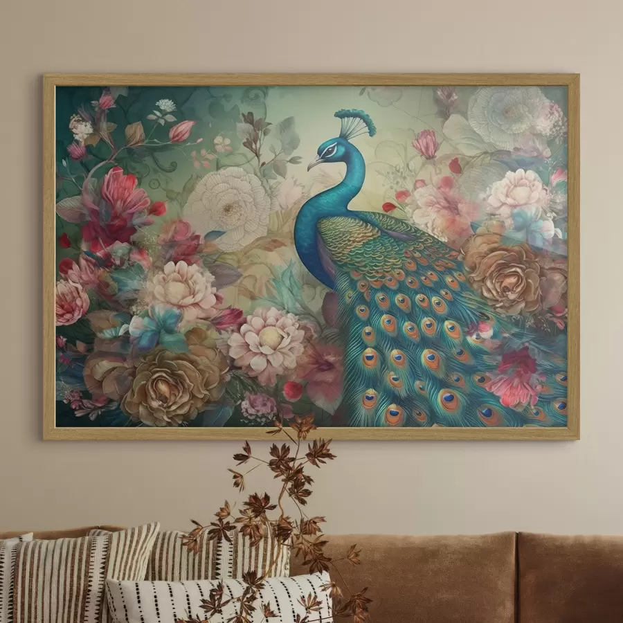 Fototapete Pfau in Blumen im Vintage-Stil f34869