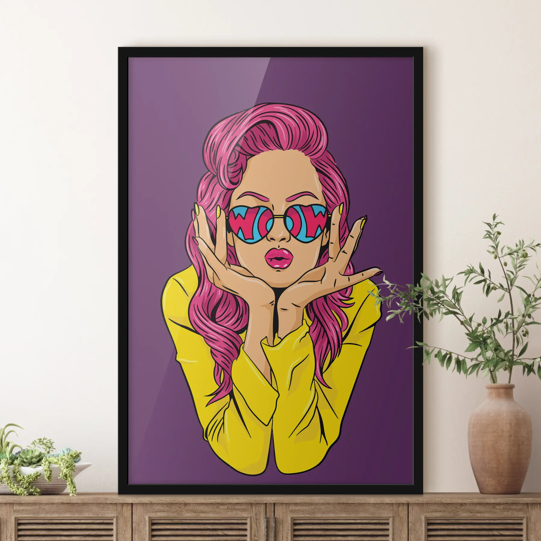 Fototapete Animiertes Poster mit Mädchen mit Brille auf lila Hintergrund f36846