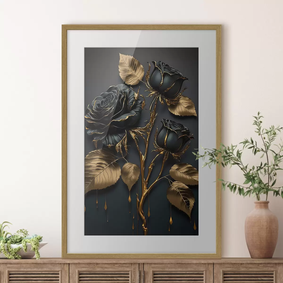 Poster Schwarze Rosen und Goldblätter f33700