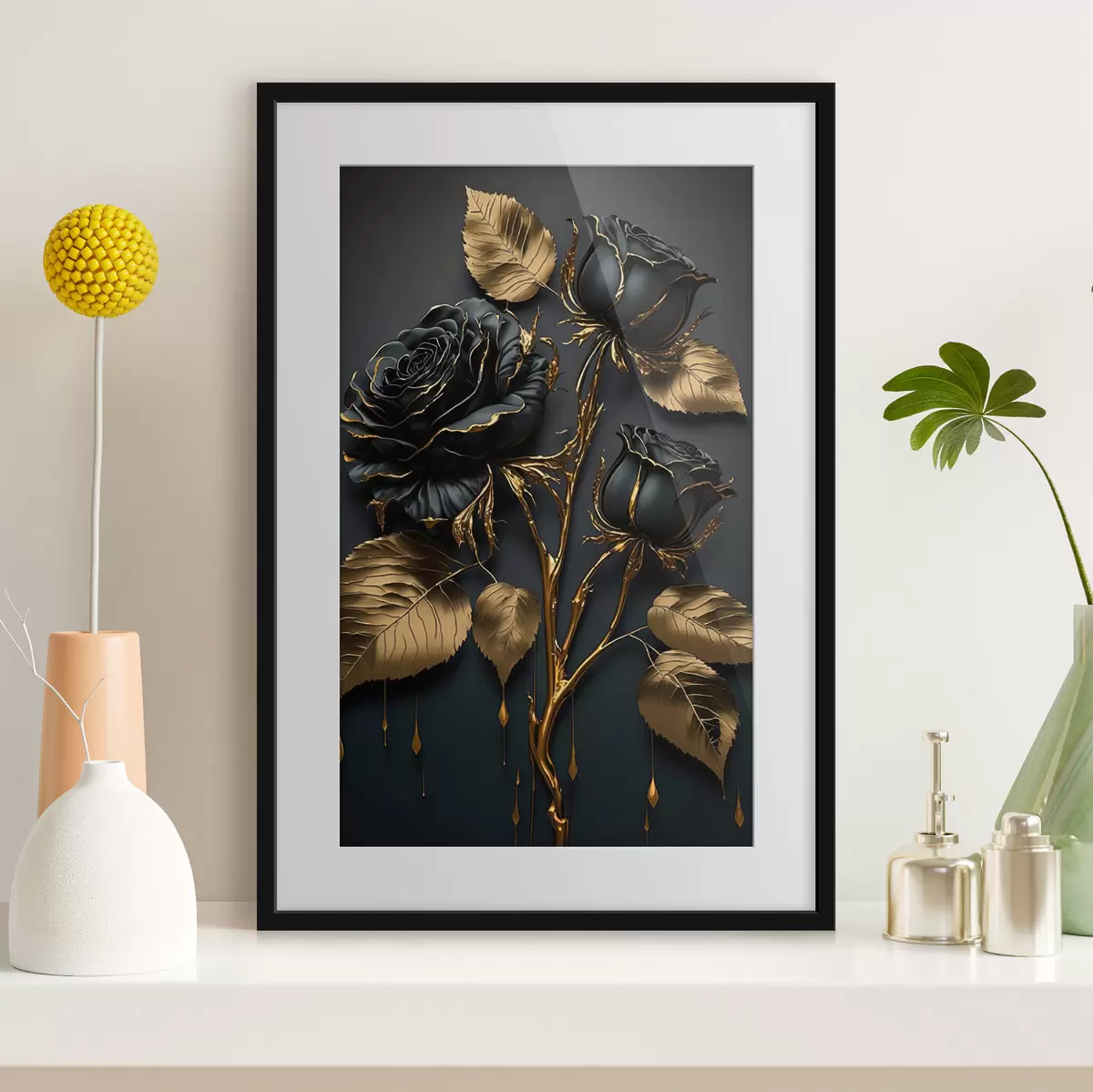 Poster Schwarze Rosen und Goldblätter f33700