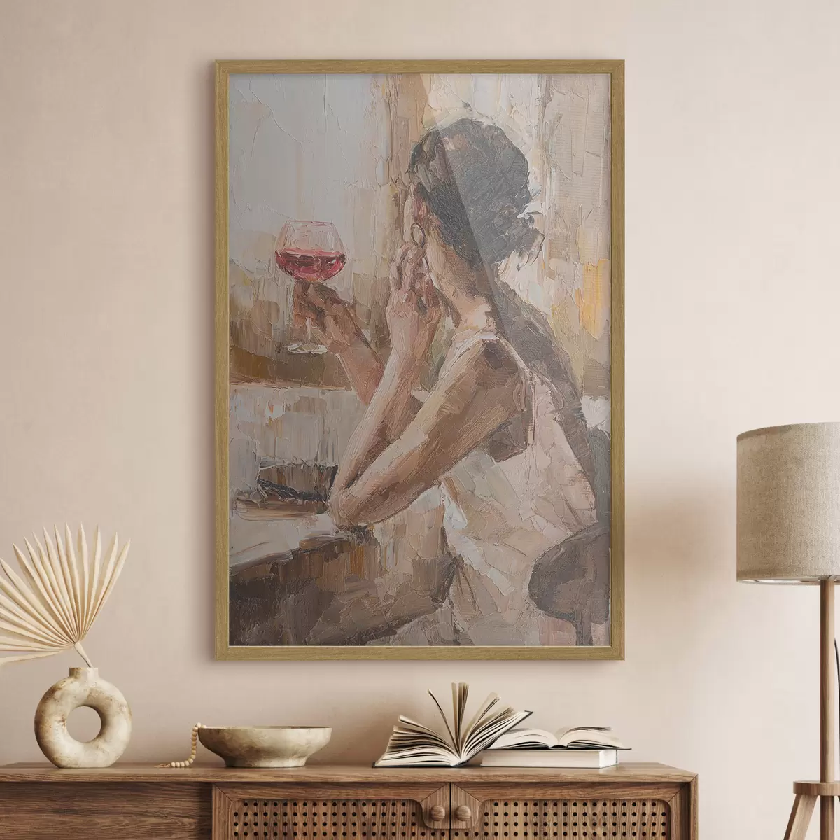 Poster Ölgemälde einer jungen Frau mit einem Glas Wein in der Hand f34590