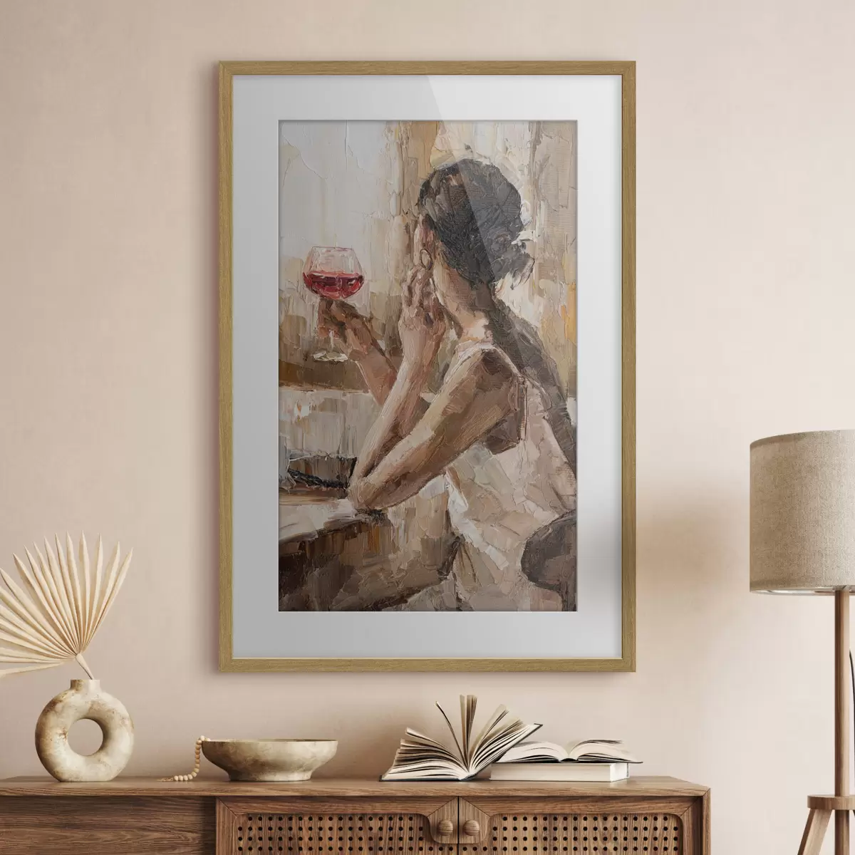 Poster Ölgemälde einer jungen Frau mit einem Glas Wein in der Hand f34590
