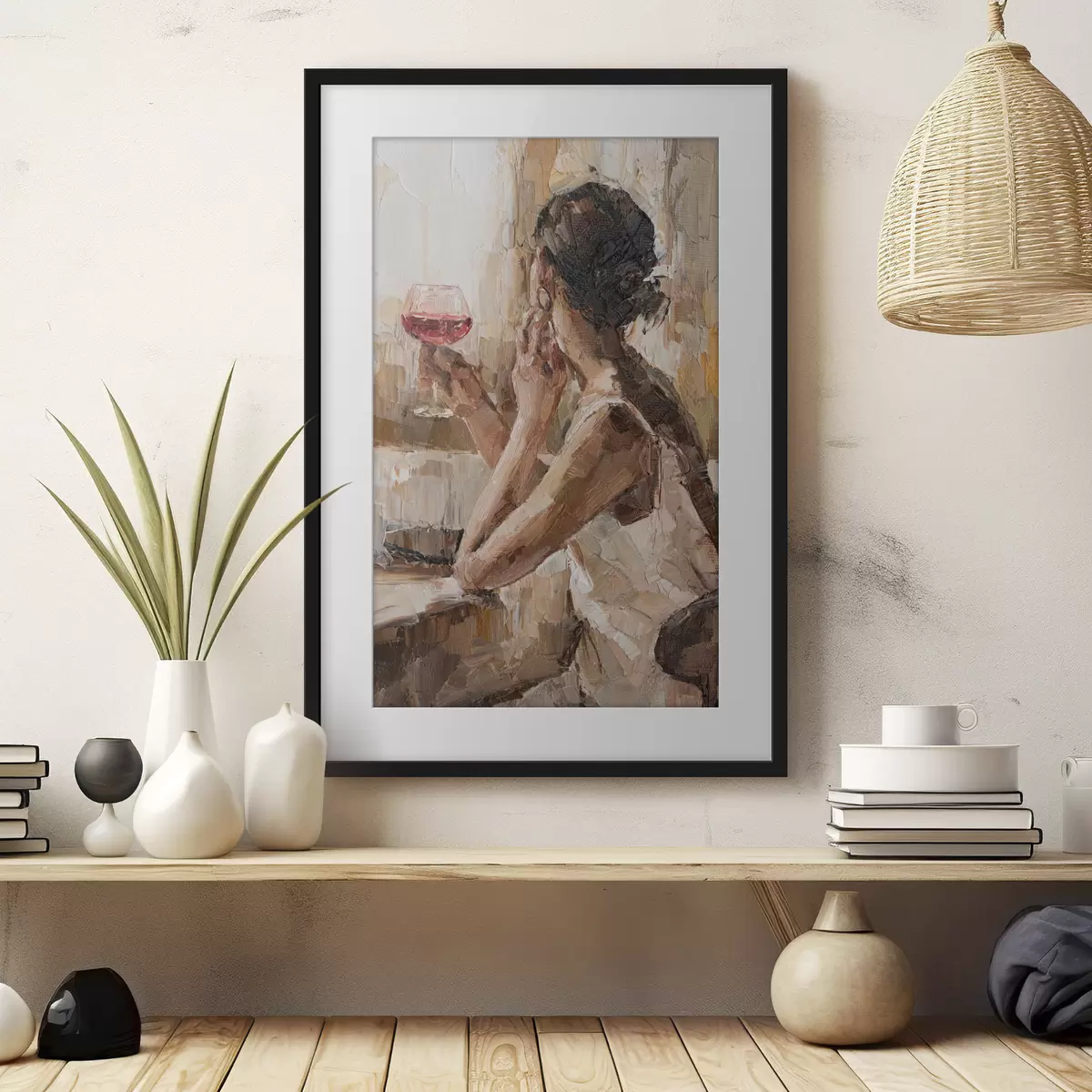 Poster Ölgemälde einer jungen Frau mit einem Glas Wein in der Hand f34590