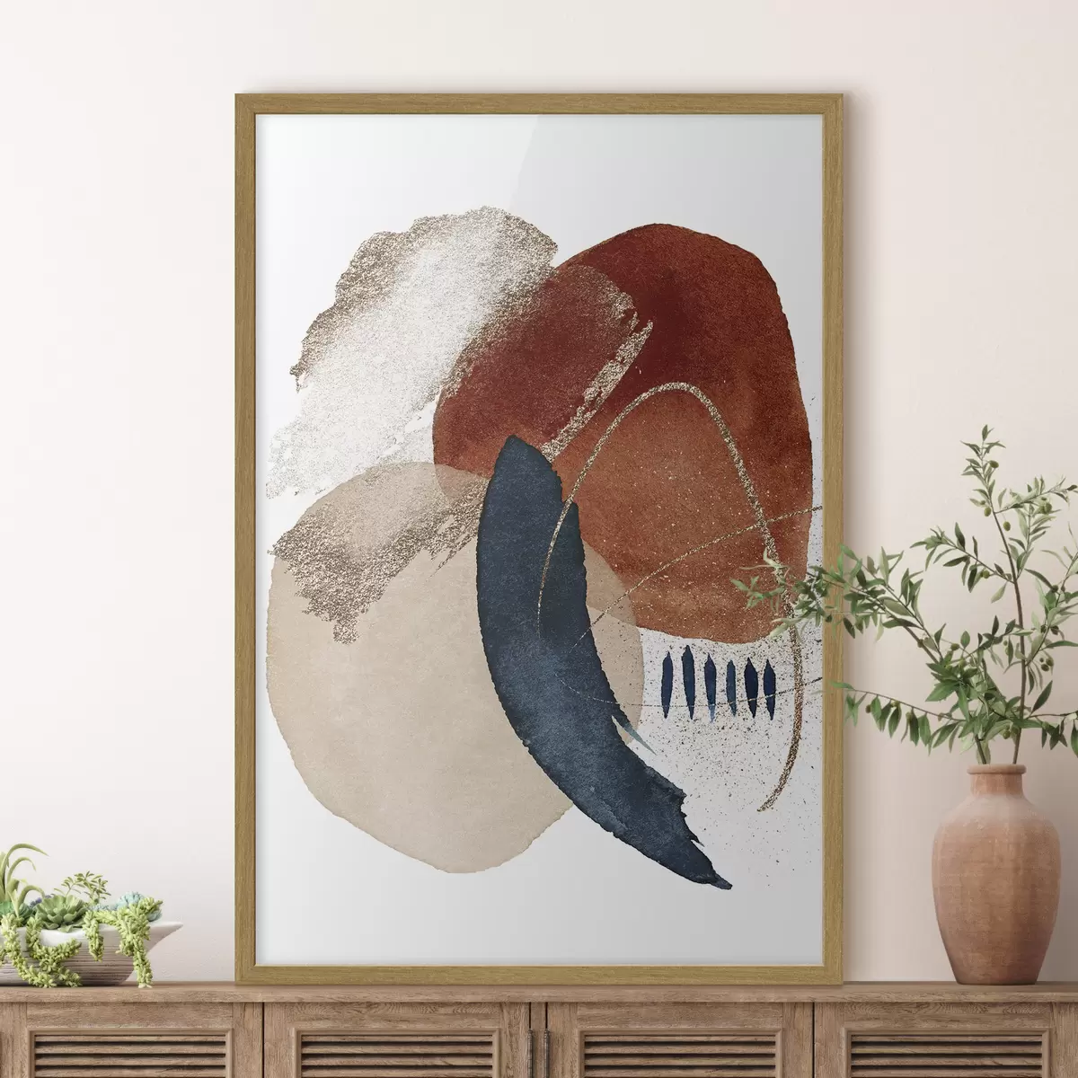 Poster Beiges Aquarellmuster und Elemente auf weißem Hintergrund f35954