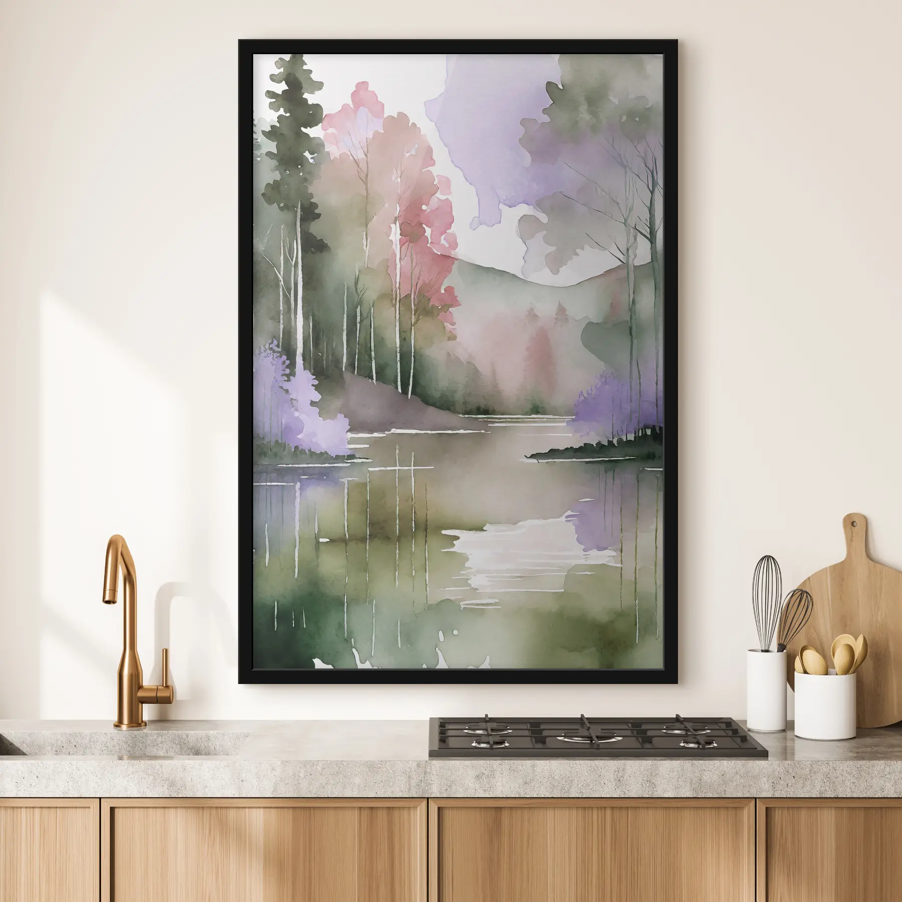 Fototapete Aquarell See- und Waldlandschaft, Frühling, sanfte Naturfarben f36501
