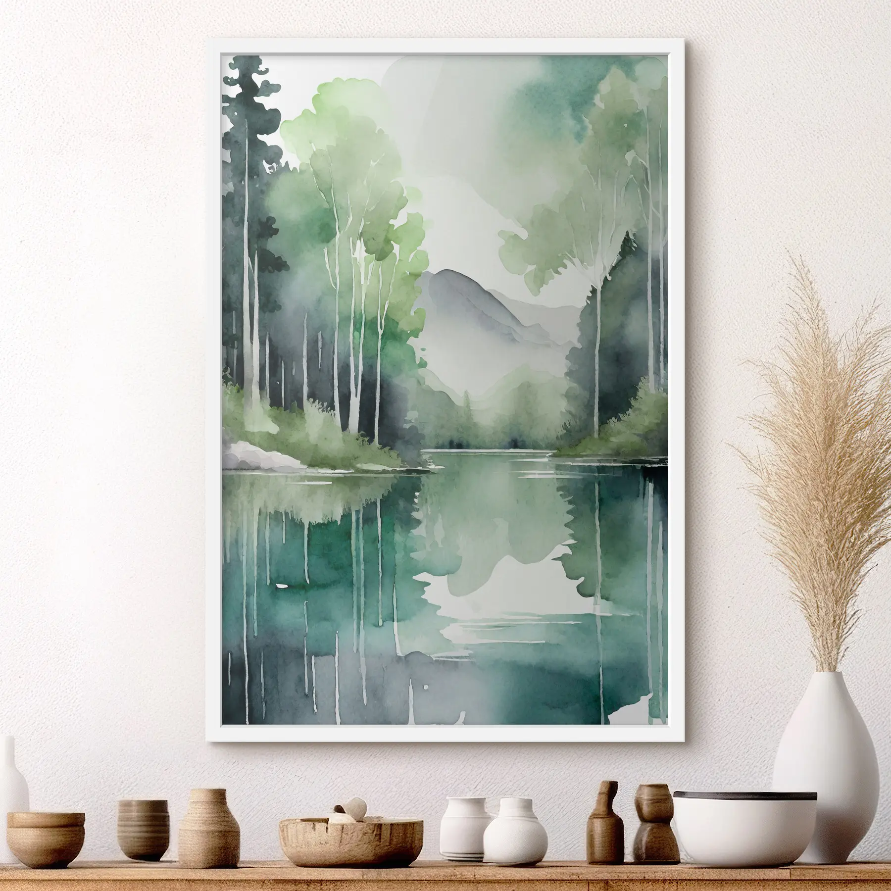 Fototapete Aquarell See- und Waldlandschaft, Frühling, weiche natürliche grüne Farben f36503