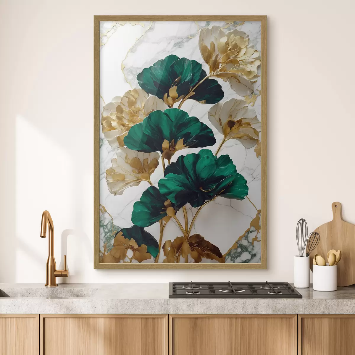 Poster Grüne und weiße Blumen auf einem weißen Marmor-Hintergrund f36646