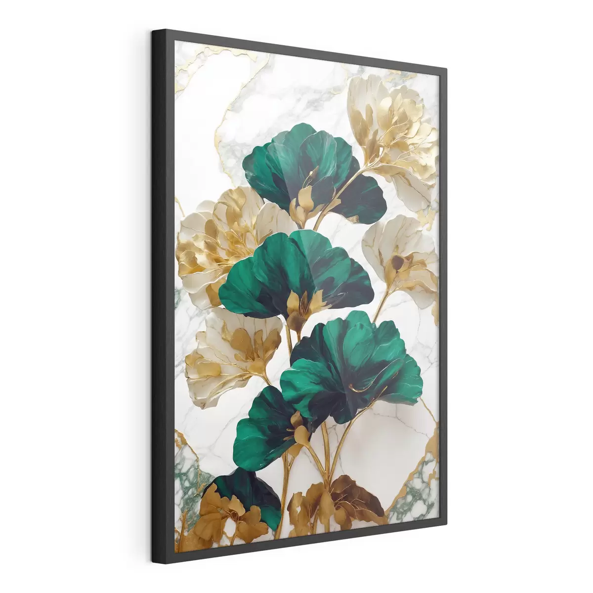 Poster Grüne und weiße Blumen auf einem weißen Marmor-Hintergrund f36646