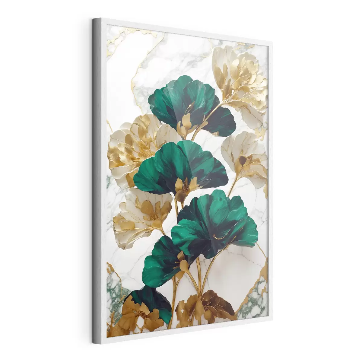 Poster Grüne und weiße Blumen auf einem weißen Marmor-Hintergrund f36646