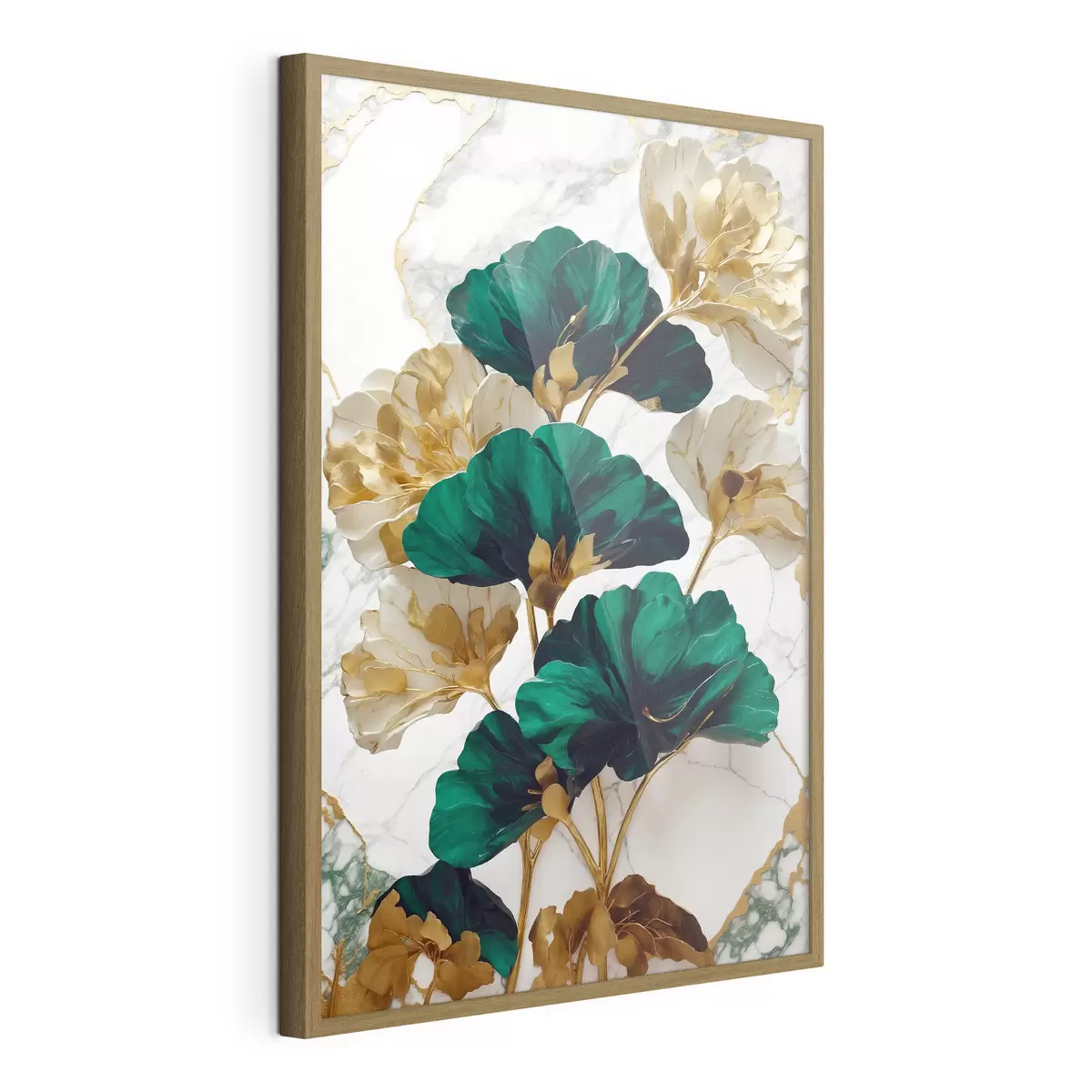 Poster Grüne und weiße Blumen auf einem weißen Marmor-Hintergrund f36646