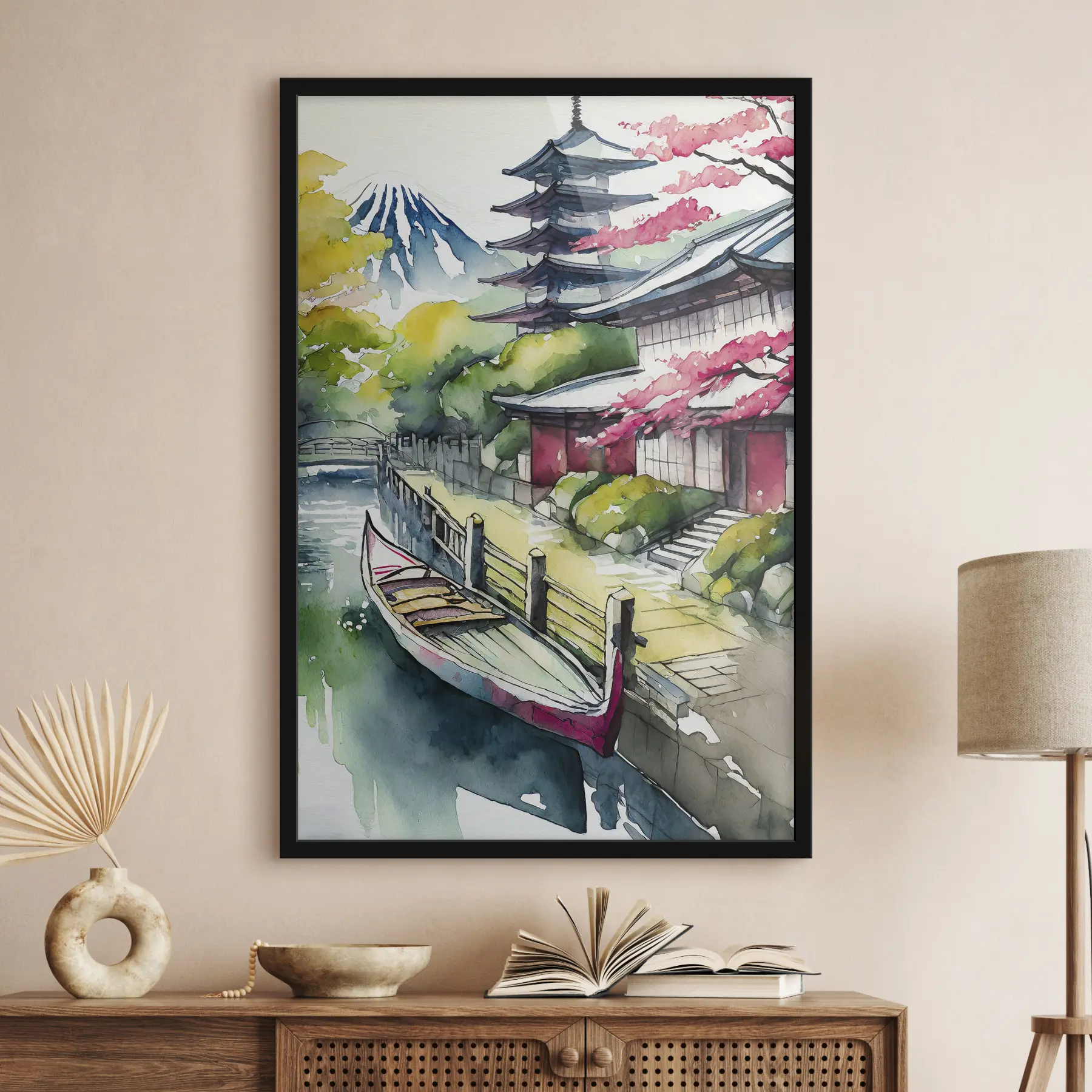 Fototapete Japan Aquarell, Kirsche, Berg, Boot f36690