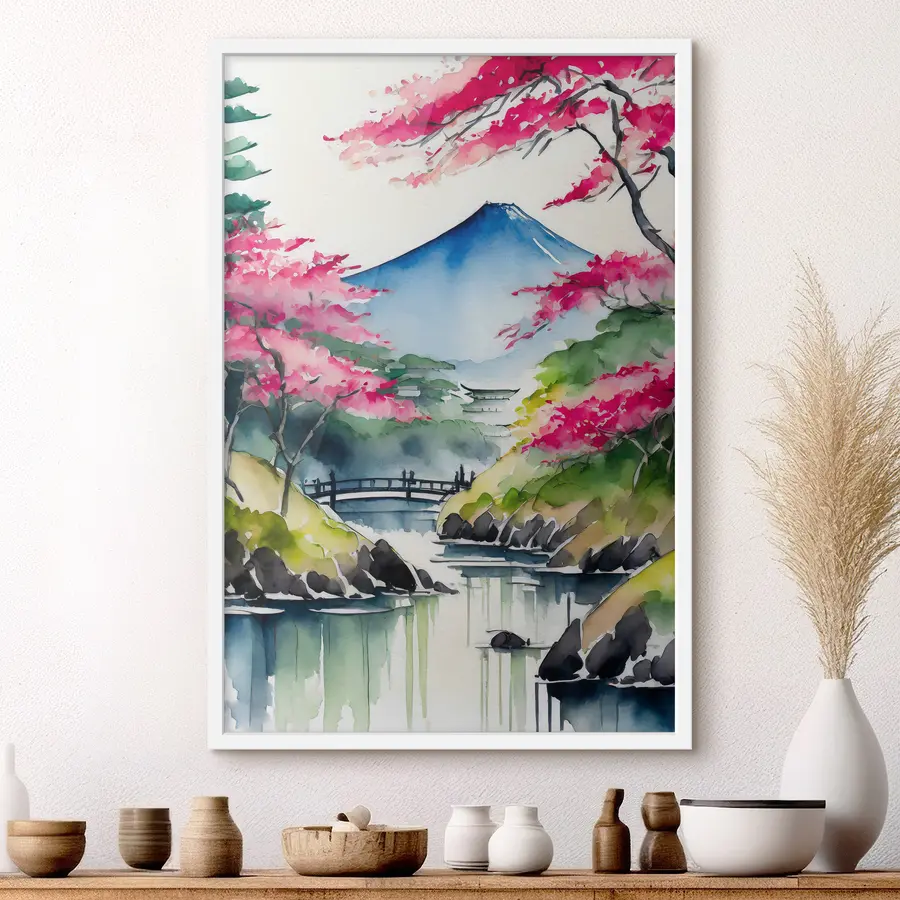 Fototapete Aquarell Japan, Sakura, Berge f36691