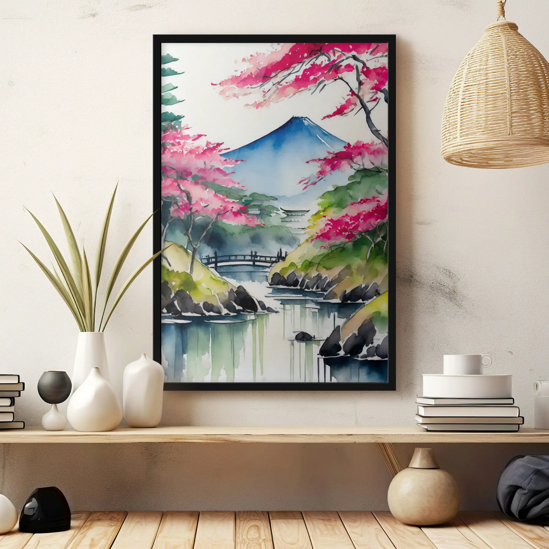 Fototapete Aquarell Japan, Sakura, Berge f36691
