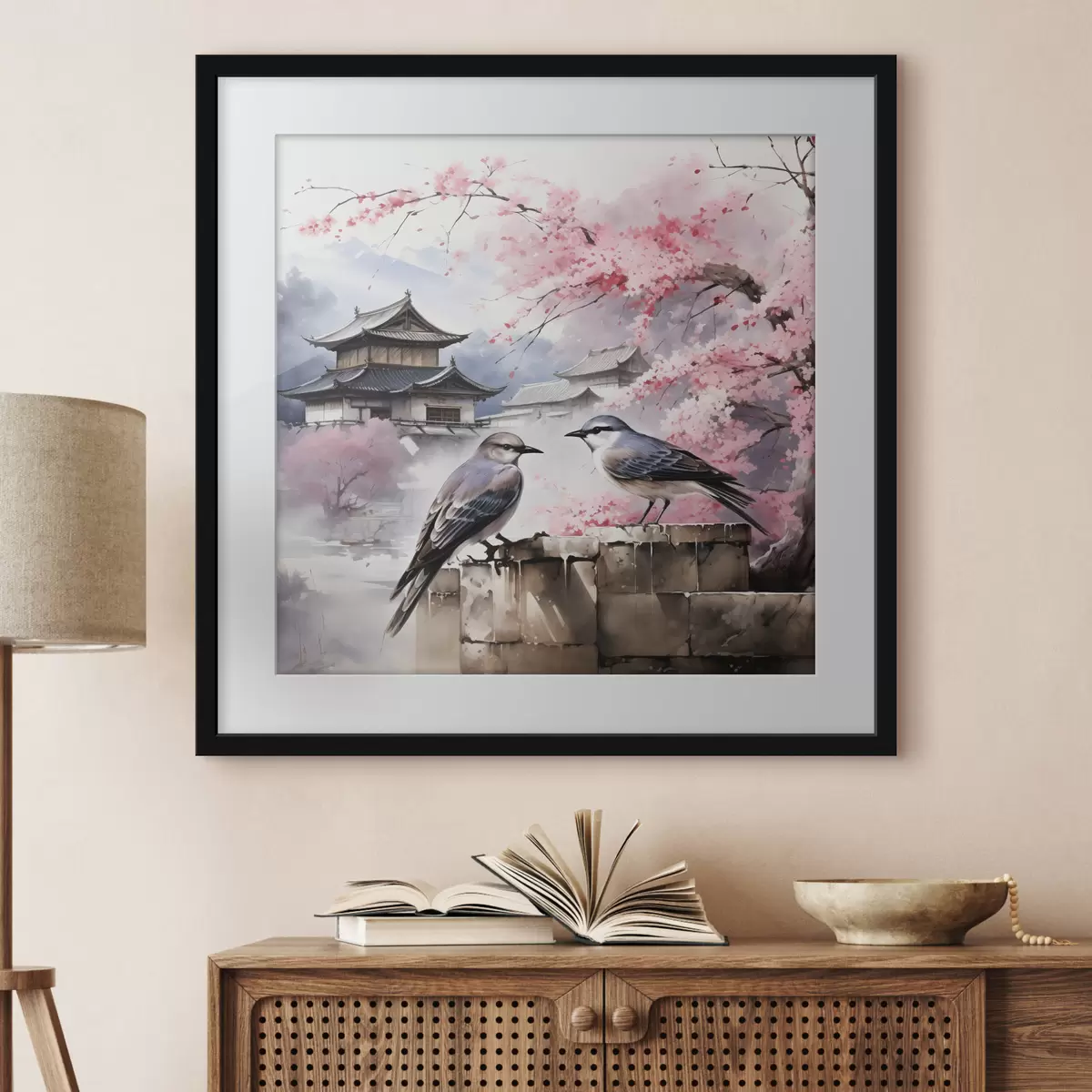 Poster Zwei Vögel vor einem Hintergrund von Kirschblüten f36815