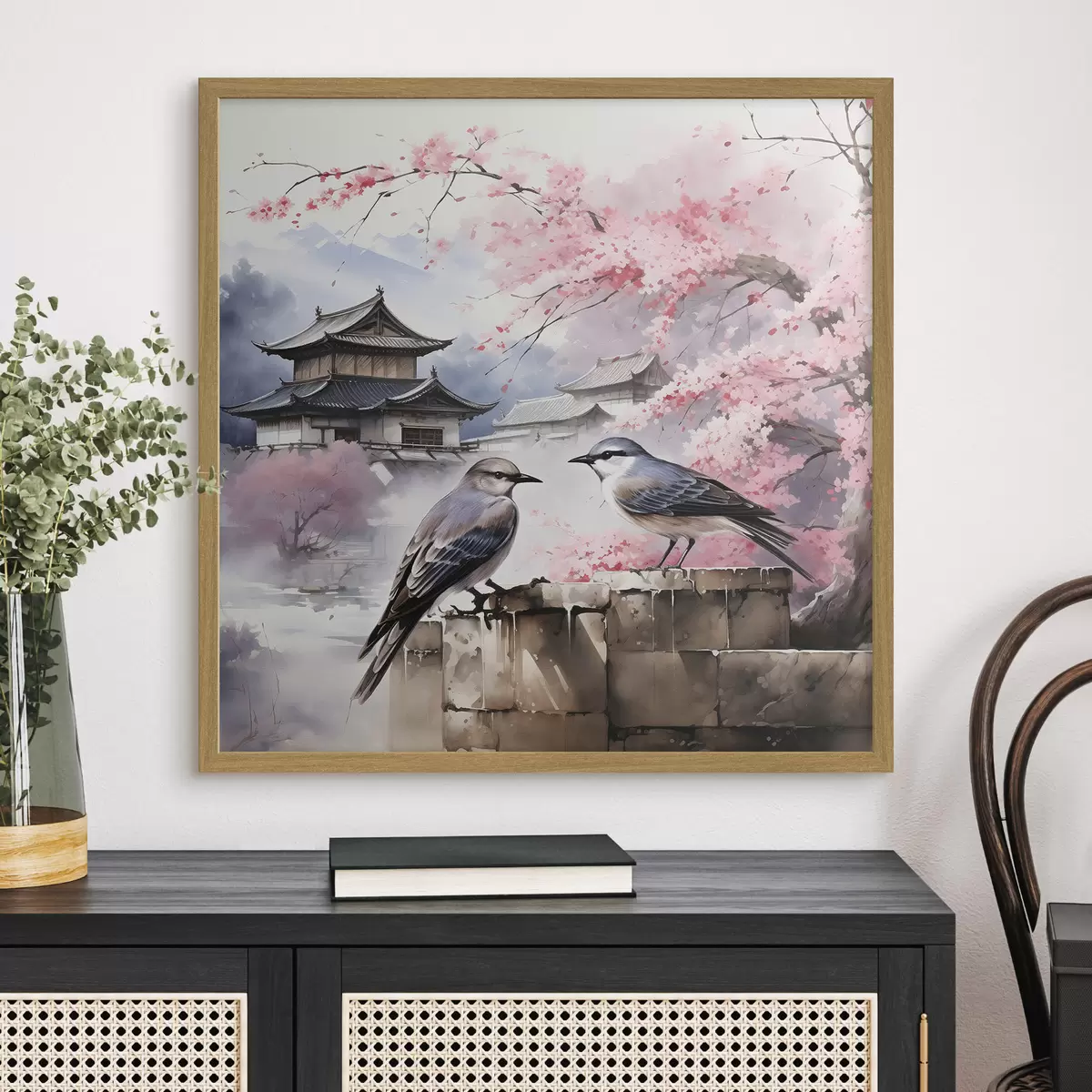Poster Zwei Vögel vor einem Hintergrund von Kirschblüten f36815