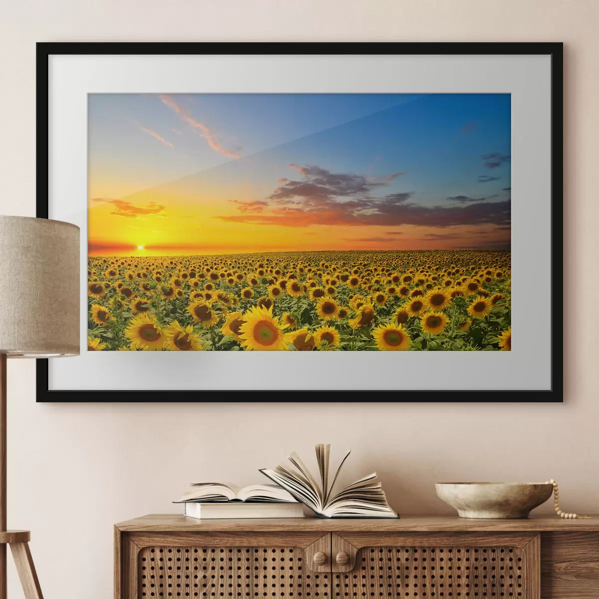 Poster Morgendämmerung in einem Sonnenblumenfeld f05429