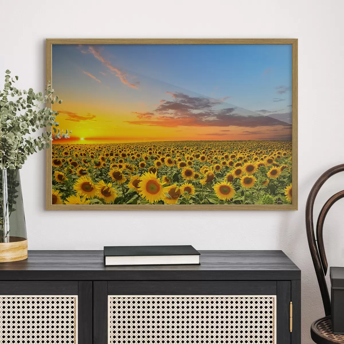 Poster Morgendämmerung in einem Sonnenblumenfeld f05429