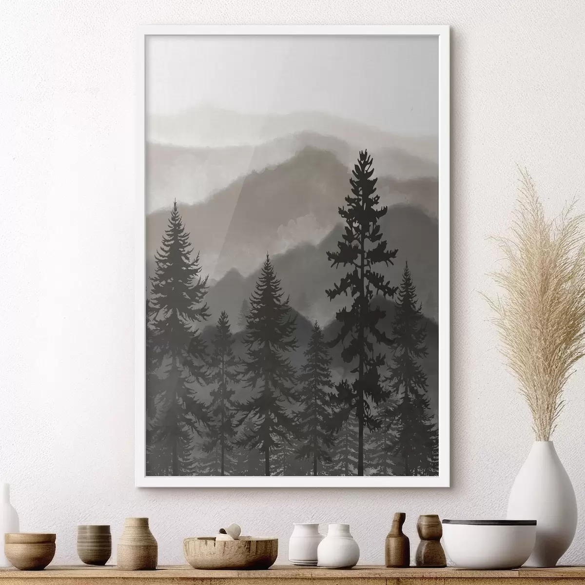 Poster Berglandschaft mit Tannenbäumen in Aquarell f37017v1