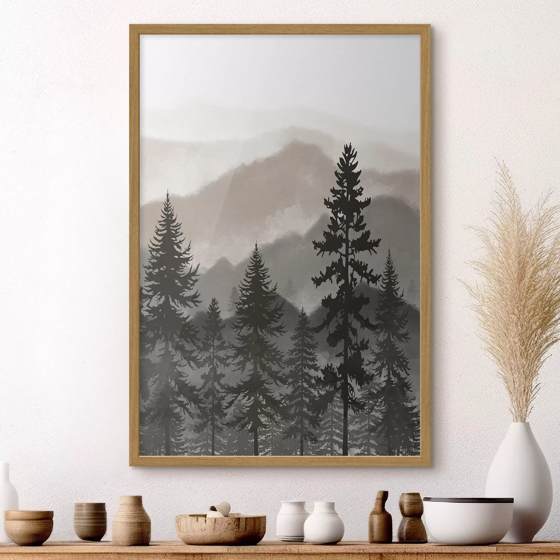Fototapete Berglandschaft mit Tannenbäumen in Aquarell f37017v1