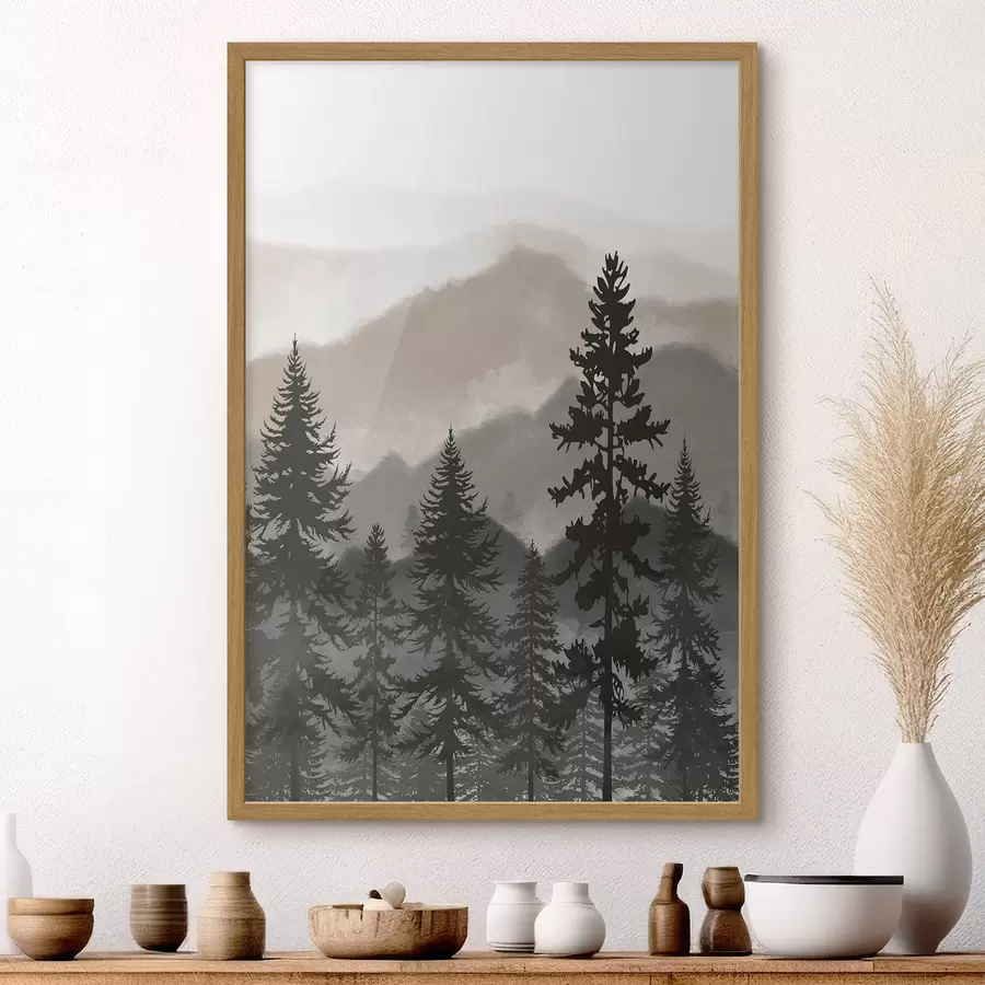 Fototapete Berglandschaft mit Tannenbäumen in Aquarell f37017v1