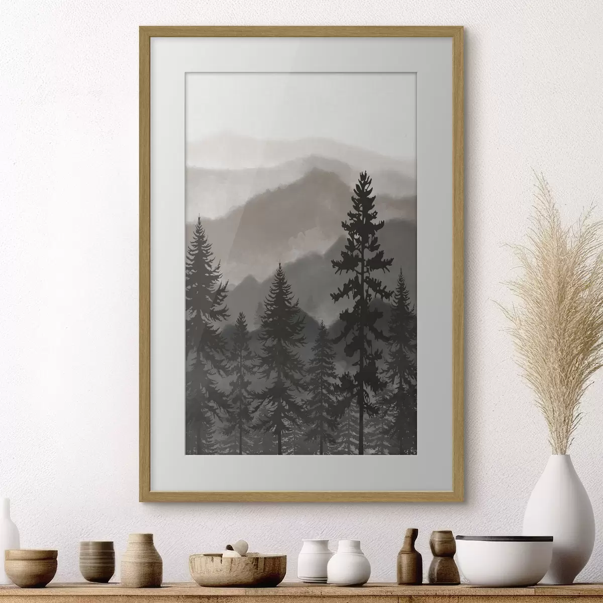 Poster Berglandschaft mit Tannenbäumen in Aquarell f37017v1
