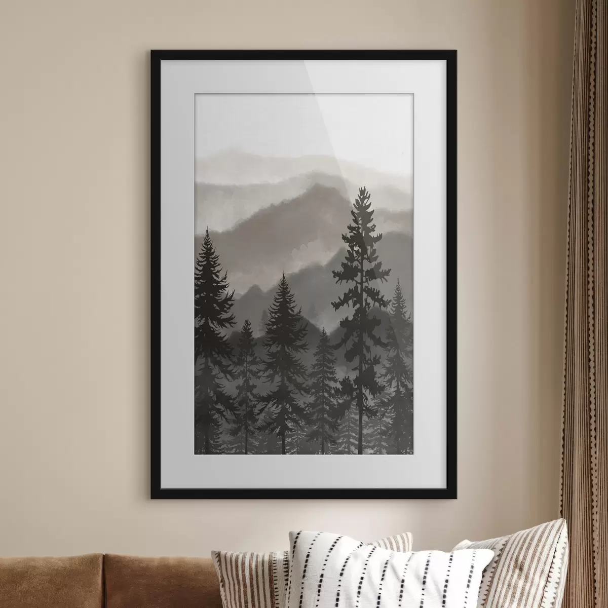 Poster Berglandschaft mit Tannenbäumen in Aquarell f37017v1