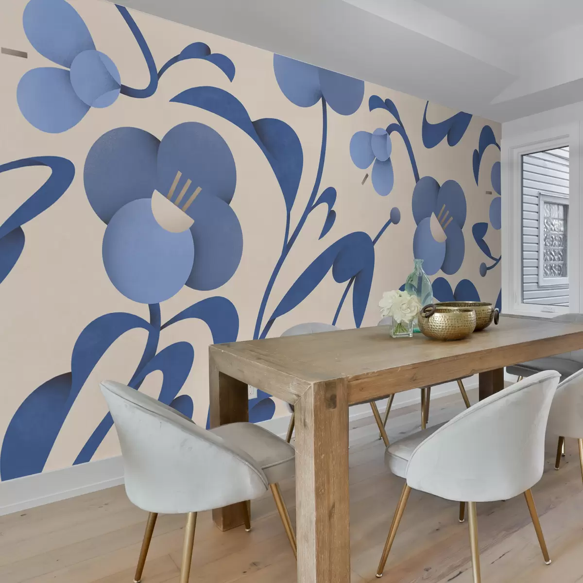 Fototapete Botanischer Druck mit dekorativen blauen Blumen auf beigem Hintergrund u99196v7