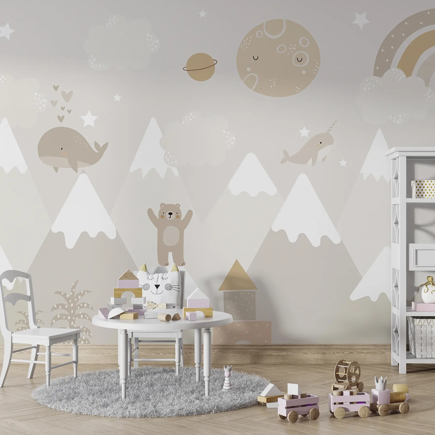 Fototapete Berge mit niedlichen Tieren, Wolken und Planeten, beige Farben u99206