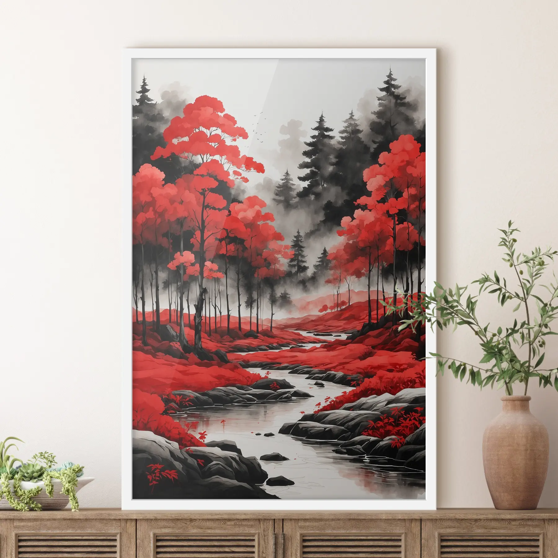 Fototapete Schwarzer und roter Wald in Aquarell f37122